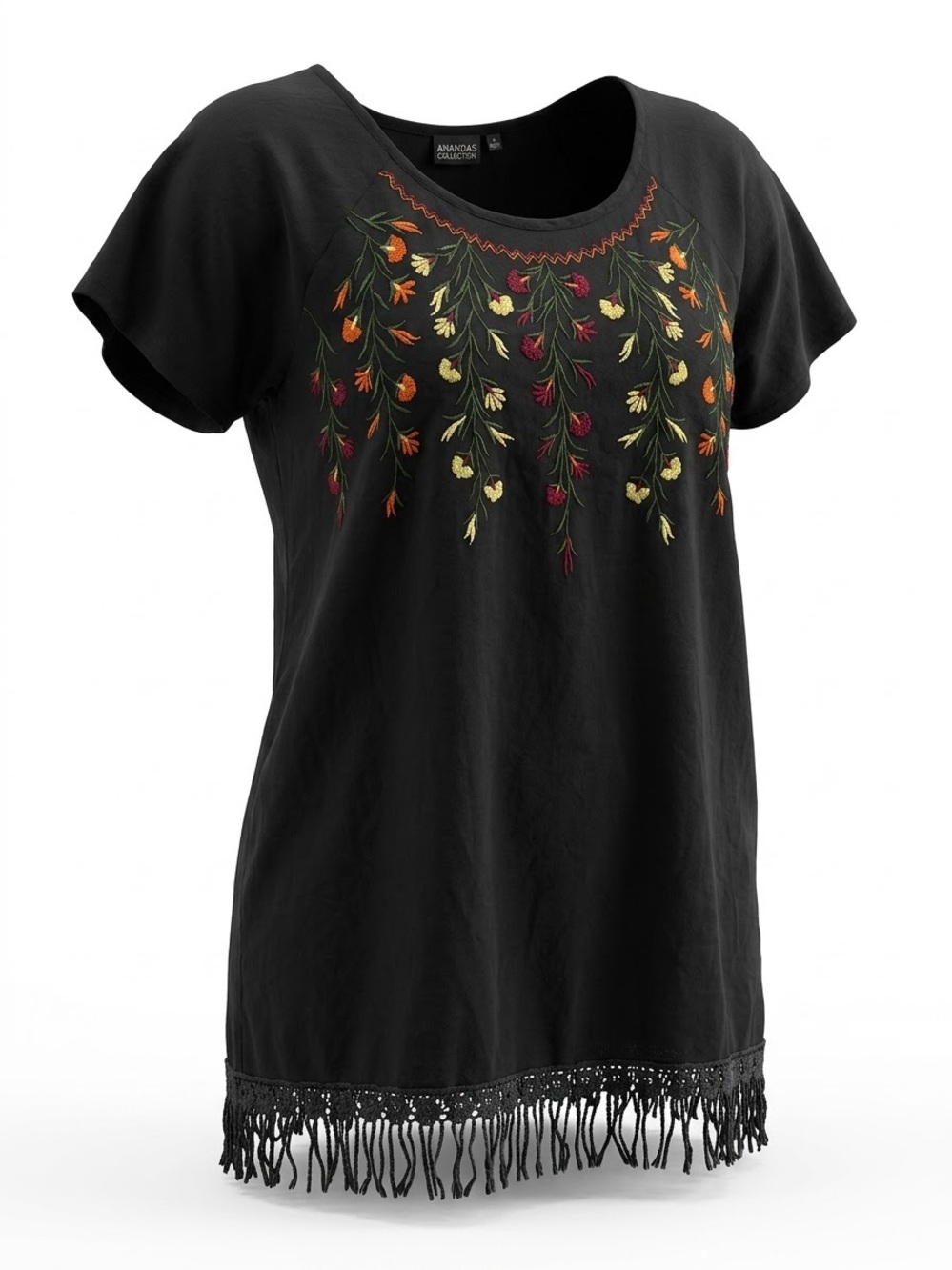 Anandas Collection Black Floral Embroidered Fringe Top Tunic Blouse XL Cotton